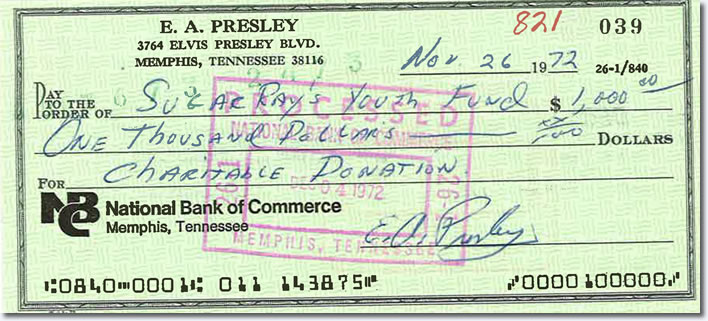 Check Elvis Presley wrote to the Sugar Ray Youth Fund : November 26, 1972