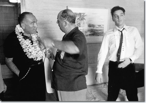 Hal Wallis, Colonel Tom Parker and Elvis Presley : Hilton Hawaiian Village Hotel : Honolulu, Hawaii March 25, 1961.