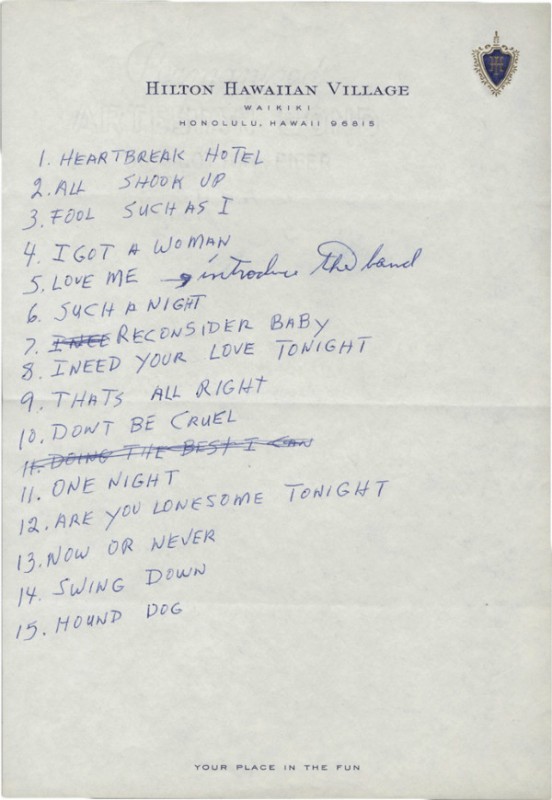 Elvis' handwritten set list for the concert